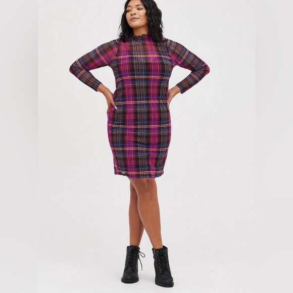 Torrid Sheer Mini Mesh Mock Neck Dress in Plaid Multi - Picture 1 of 9